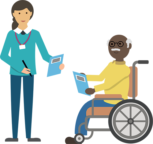 man in wheelchair being handed assessment by healthcare professional cartoon
