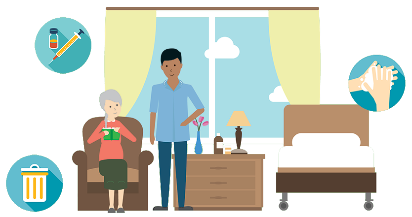 An illustration showing hygiene in a care home represented by a care home resident and a carer