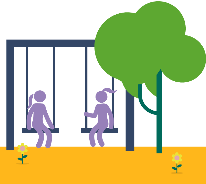 two children playing on swings in a park setting