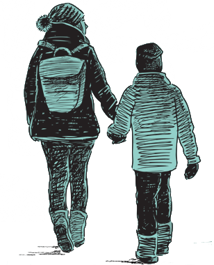 An illustration of a woman and child holding hands