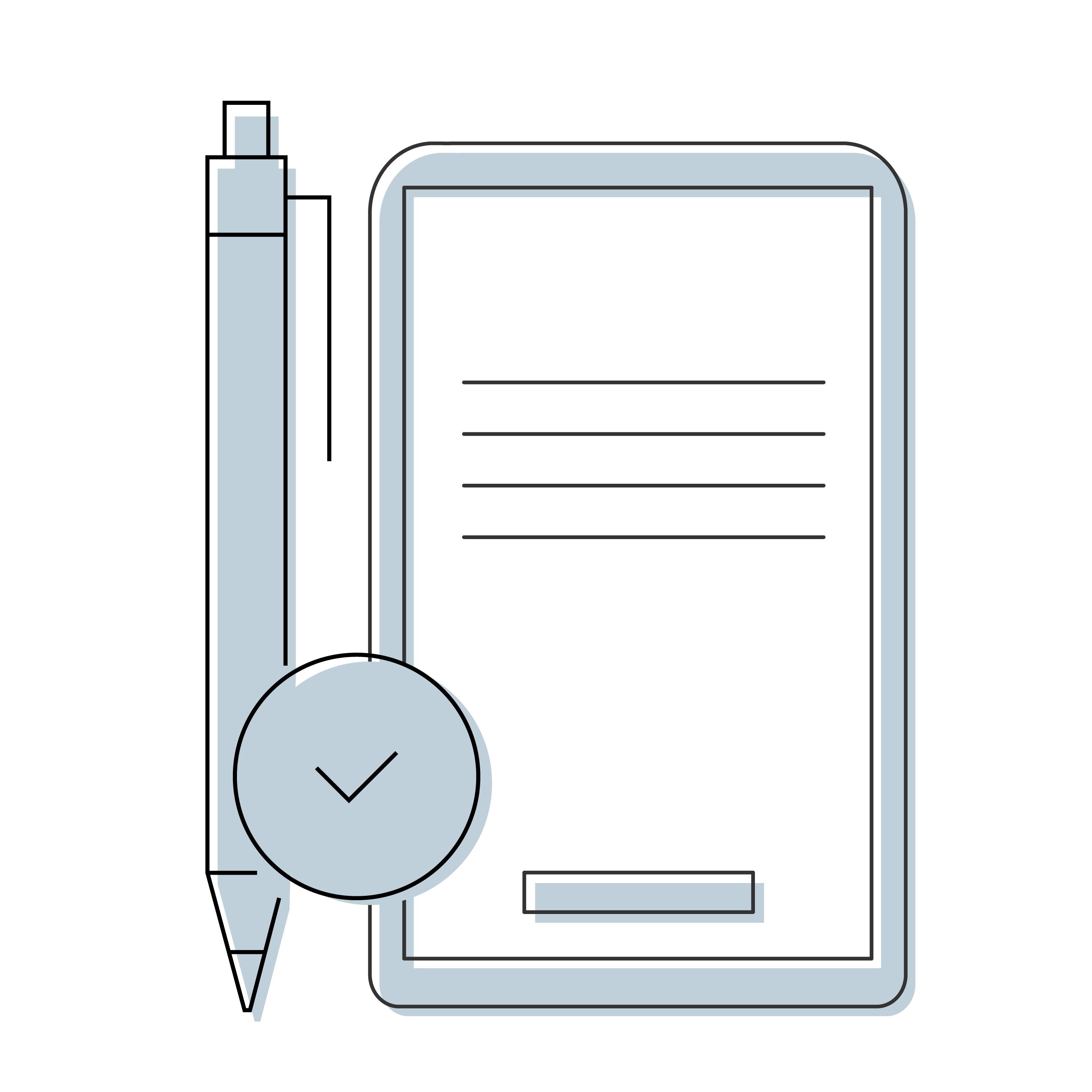 An icon representing quality assurance showing a pen and a tick mark next to a document