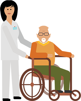 An image showing an old man in a wheel chair and a care worker