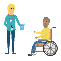 An illustration of a female carer discussing medicines with a man in a wheelchair