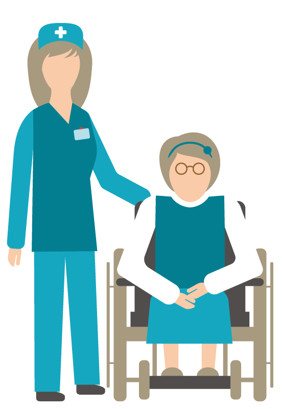 A nurse or carer standing next to an elderly person in a wheelchair