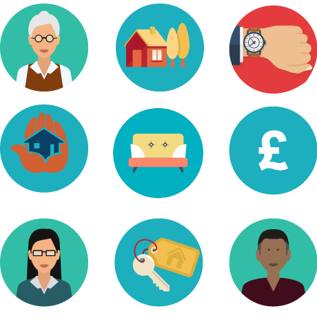 A grid of nine icons showing older people, a home, a pound sign, a key fob, carers, professionals, a hand wearing a watch and a hand cradling a house
