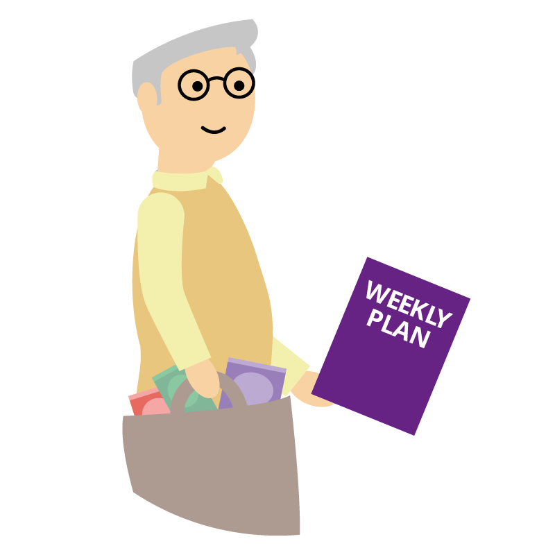 a figure carrying a shopping plan and holding a document titled weekly plan
