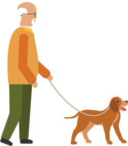 cartoon of an older man walking a dog