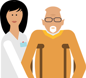 An image showing an old man on crutches and a care worker