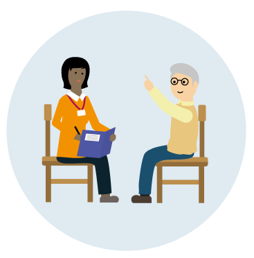 a care professional holding an open care plan sitting in a chair opposite a person sitting in a chair and gesticulating