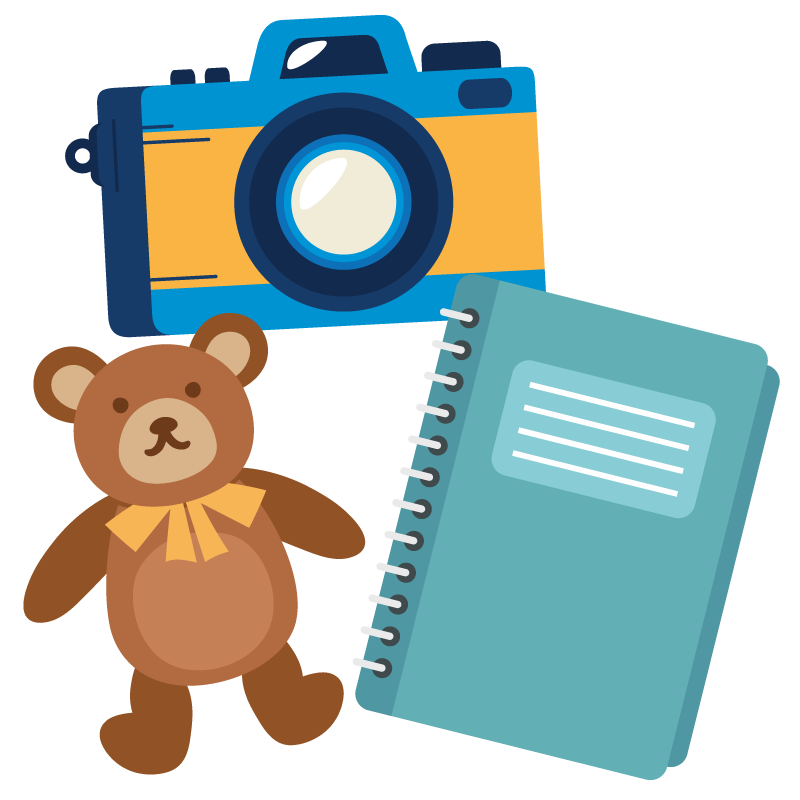 An illustration of a camera, teddy bear and journal