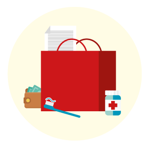 An icon of a red bag with items including a toothbrush, wallet with money, a bottle of medicine and a document