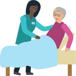 Illustration of an older woman being helped into bed by a care worker