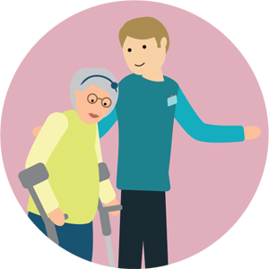 An illustration of an old woman using crutches and carer helping her