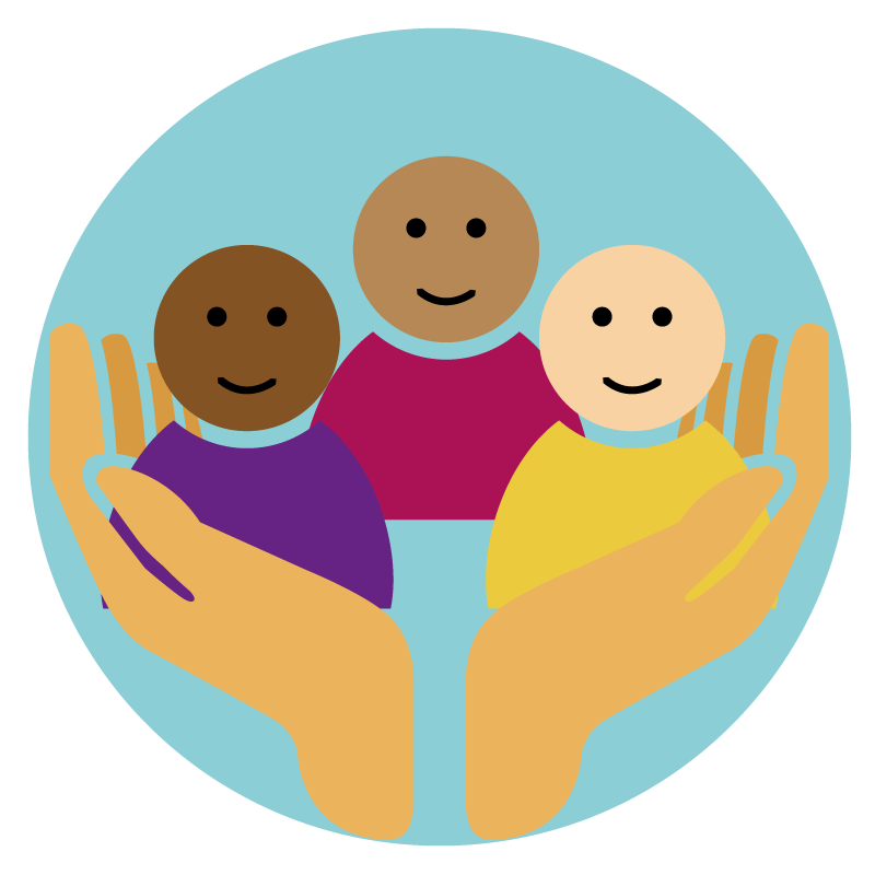an icon showing three diverse people cradled in two hands