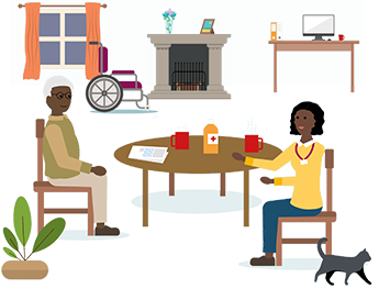 An illustration of a man sitting with his carer at a dining table his wheelchair is in the background.