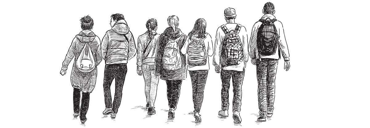 group of teenagers from behind cartoon