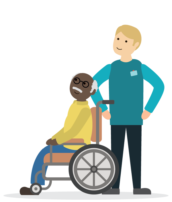An illustration of an old man in a wheelchair and his carer