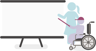 an infographic of wheelchair user and companion pointing at whiteboard